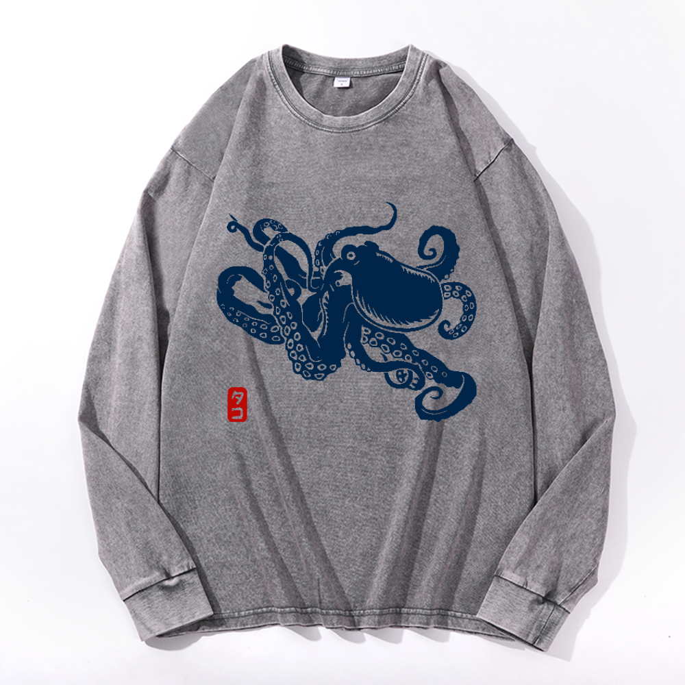 Octopus Vintage Cotton Wash Crewneck Long-Sleeve T-Shirt
