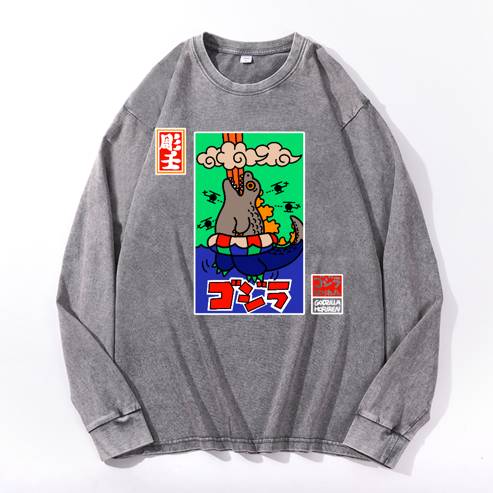 Kaiju Vintage Cotton Wash Crewneck Long-Sleeve T-Shirt