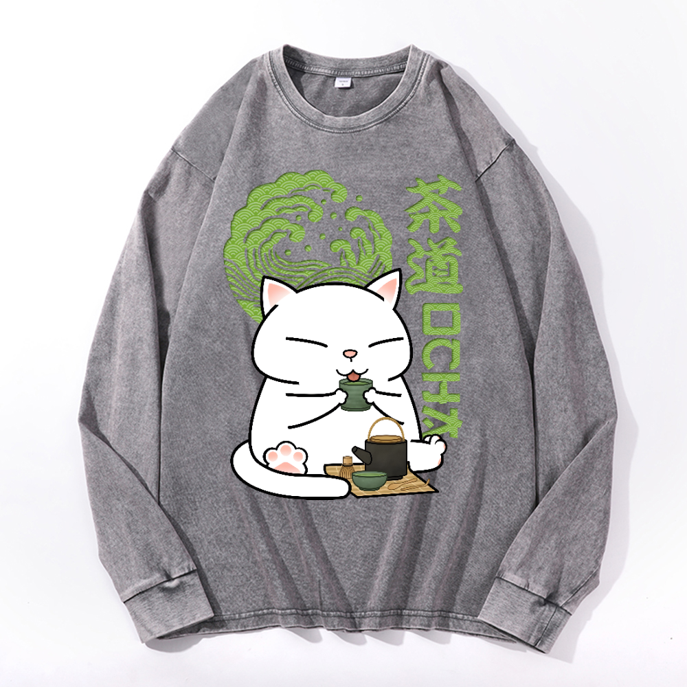 Cat tea Vintage Cotton Wash Crewneck Long-Sleeve T-Shirt
