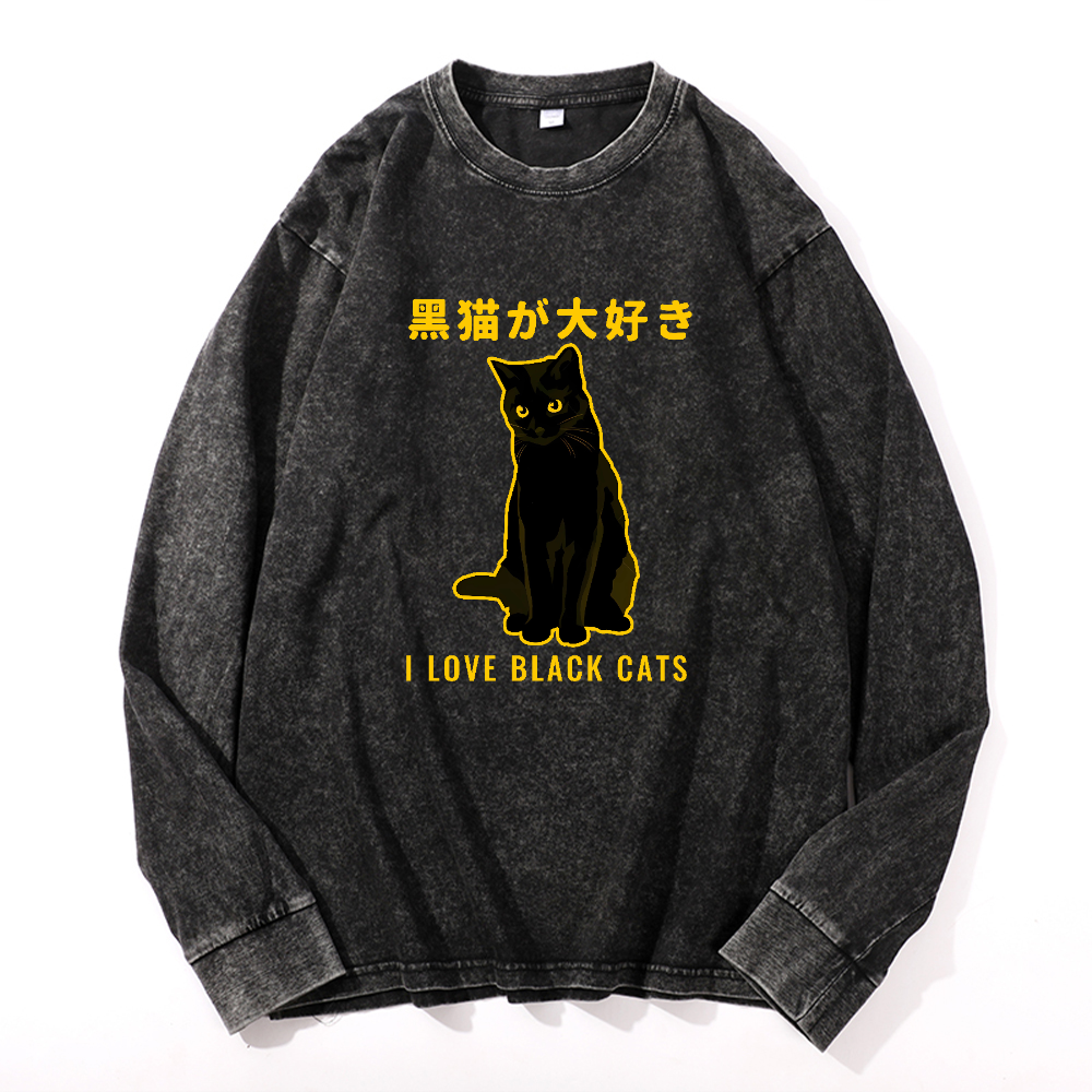 Black Cat Vintage Cotton Wash Crewneck Long-Sleeve T-Shirt