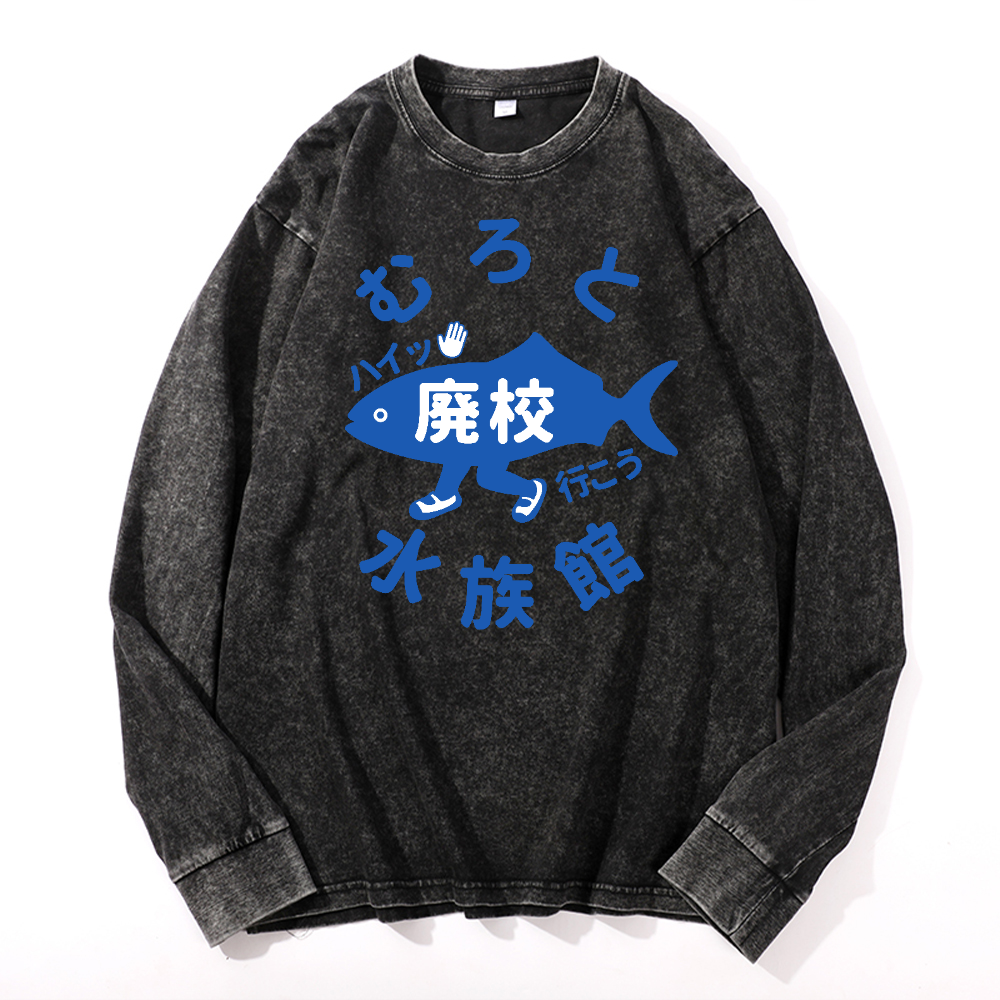 Aquarium Vintage Cotton Wash Crewneck Long-Sleeve T-Shirt