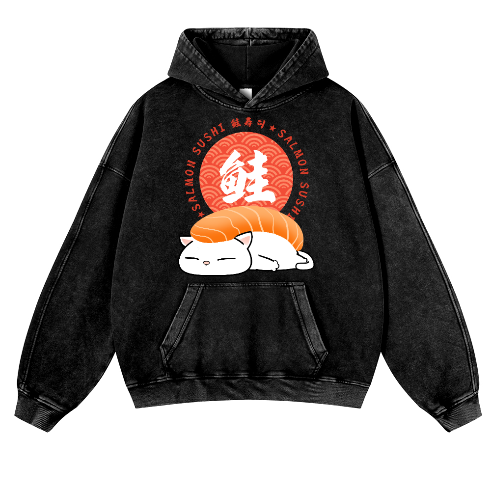 Sushi Cat Vintage Washed Thick Cotton Hoodie