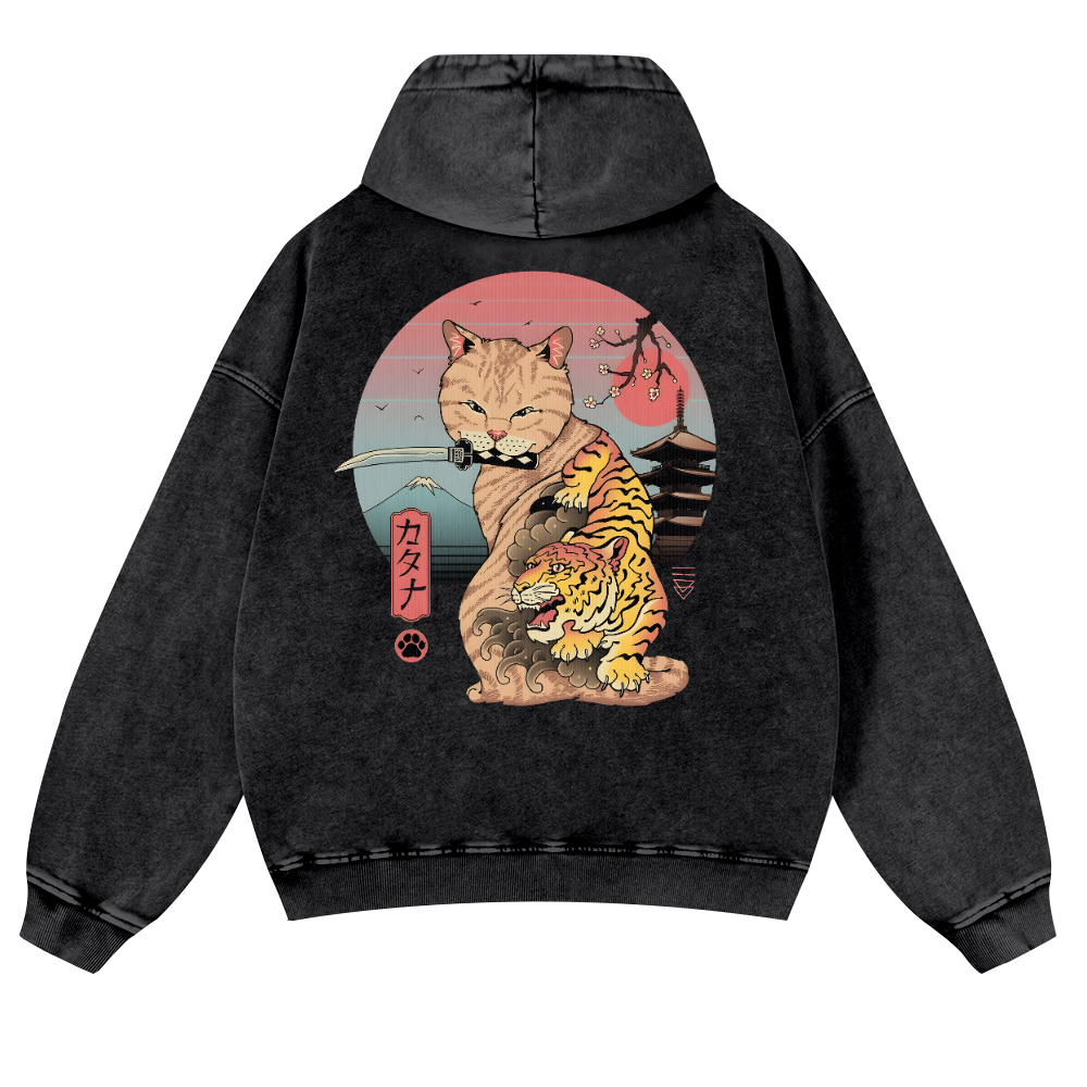 Japanese Cat Tiger Vintage Washed Cotton Back Art Hoodie