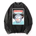 Meow Cat Vintage Cotton Wash Crewneck Long-Sleeve T-Shirt