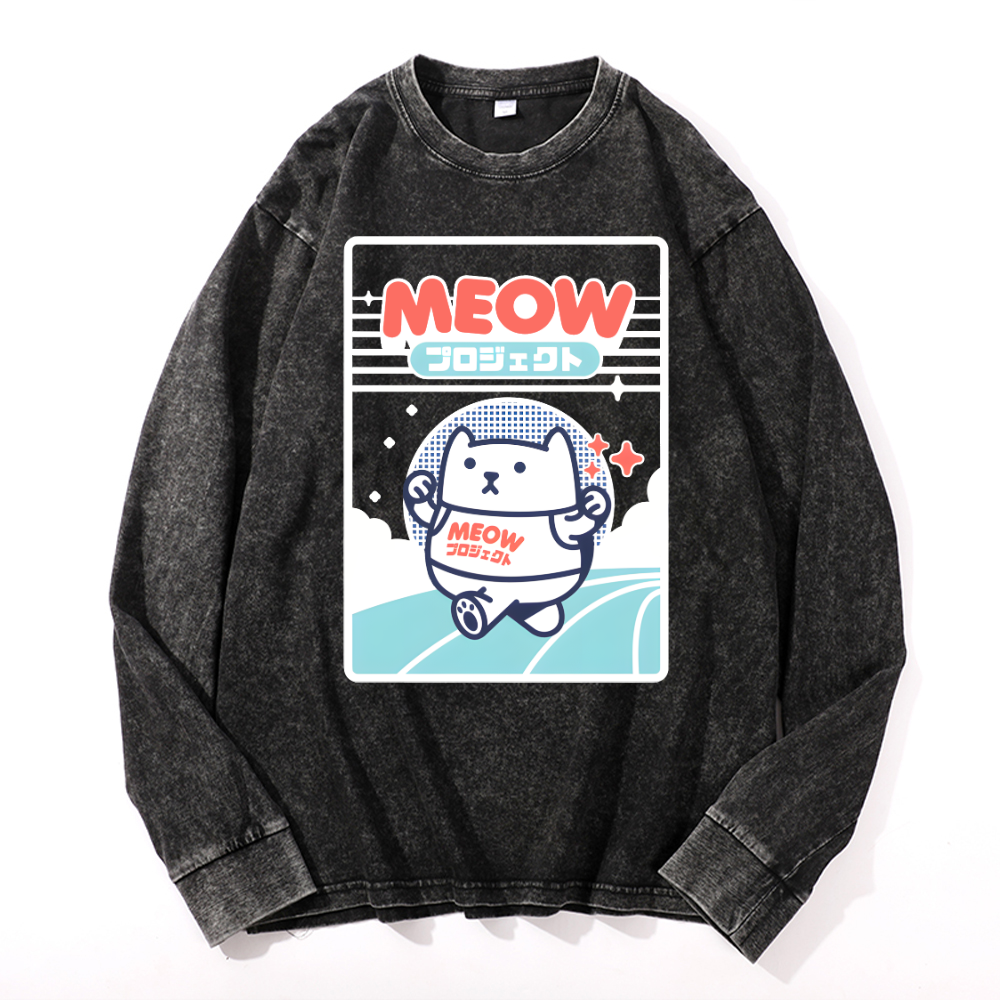 Meow Cat Vintage Cotton Wash Crewneck Long-Sleeve T-Shirt