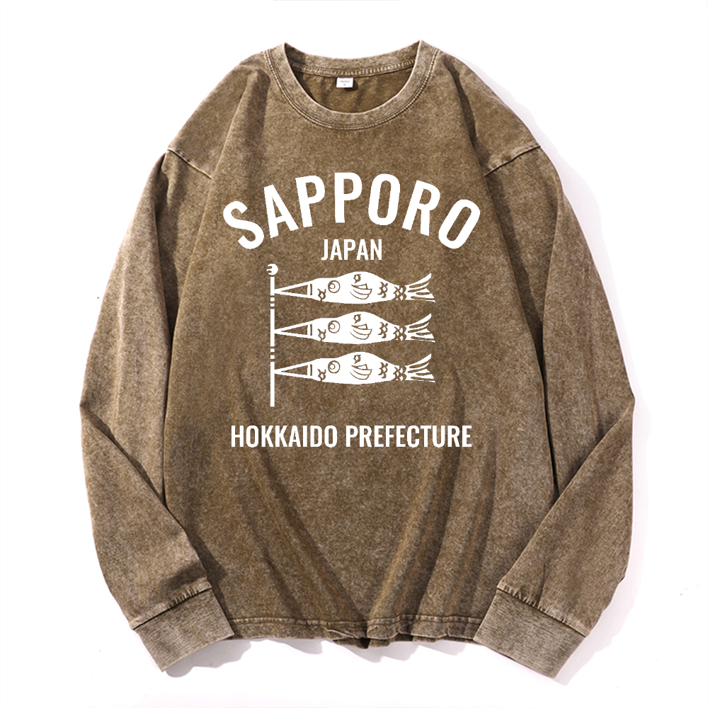 Sapporo Vintage Cotton Wash Crewneck Long-Sleeve T-Shirt
