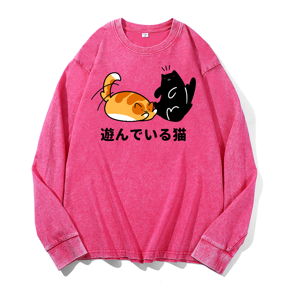 Cat Vintage Cotton Wash Crewneck Long-Sleeve T-Shirt