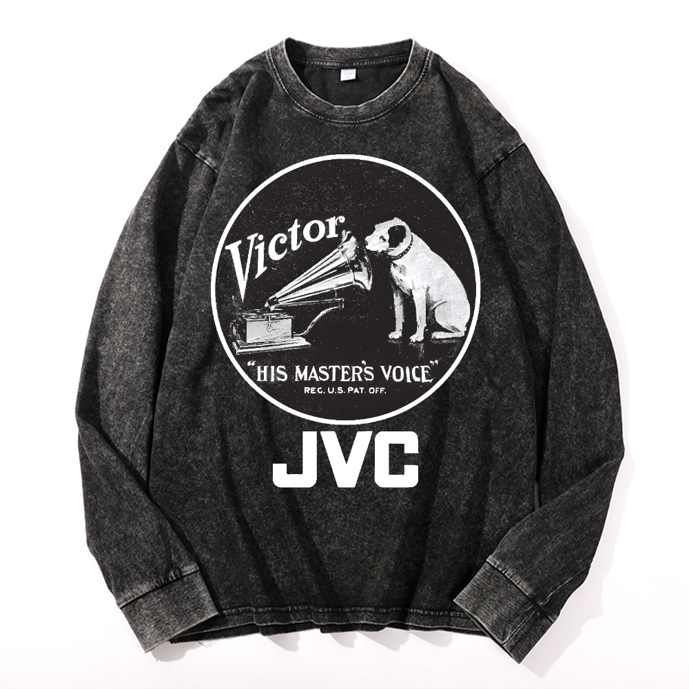 JVC Victor Dog Vintage Cotton Wash Crewneck Long-Sleeve T-Shirt