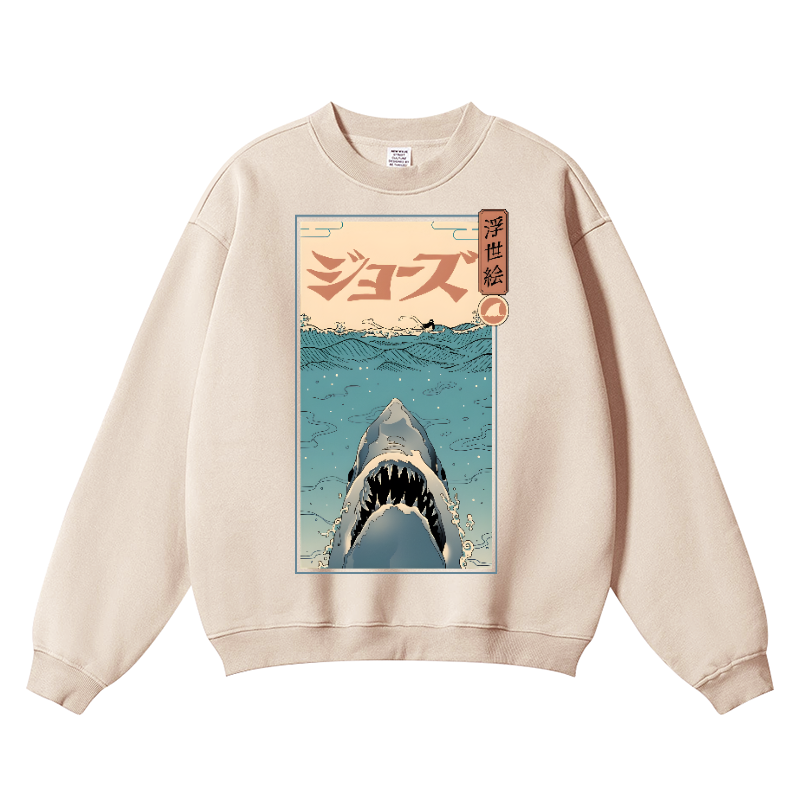 Ukiyoe Jaws Shark Vintage Cotton Blend Crewneck Sweatshirt