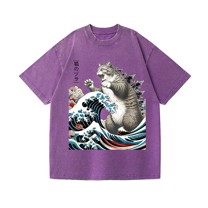 Cat Kaiju Ukiyoe Great Wave Vintage Wash Japanese Design T-Shirt