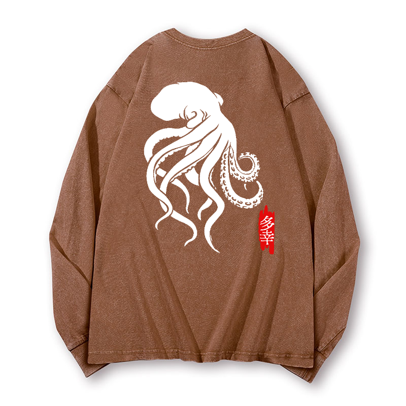 Octopus Vintage Washed Cotton Back Art Long-sleeve T-shirt