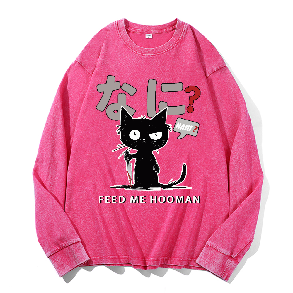 Cat Feed Me Vintage Cotton Wash Long-sleeve T-shirt