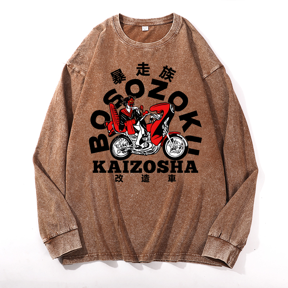 Bosozoku Vintage Cotton Wash Crewneck Long-Sleeve T-Shirt