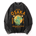 Osaka Dotonbori Drunken Octopus Vintage Cotton Wash Crewneck Long-Sleeve T-Shirt