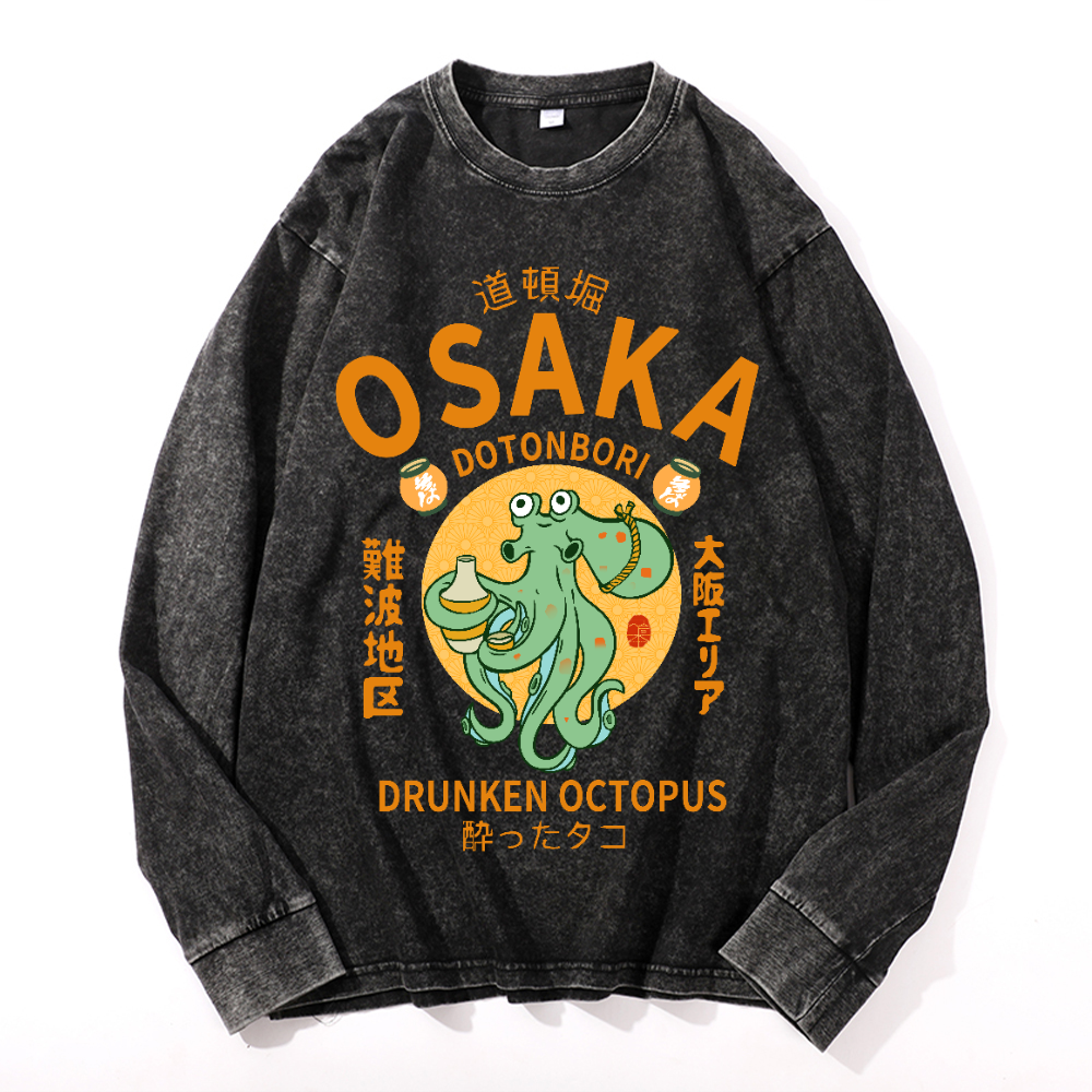 Osaka Dotonbori Drunken Octopus Vintage Cotton Wash Crewneck Long-Sleeve T-Shirt