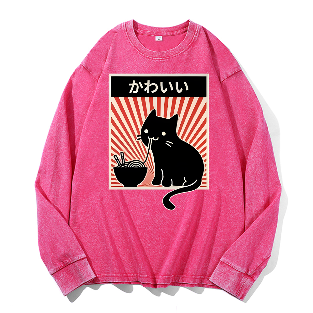 Cat Vintage Cotton Wash Crewneck Long-Sleeve T-Shirt