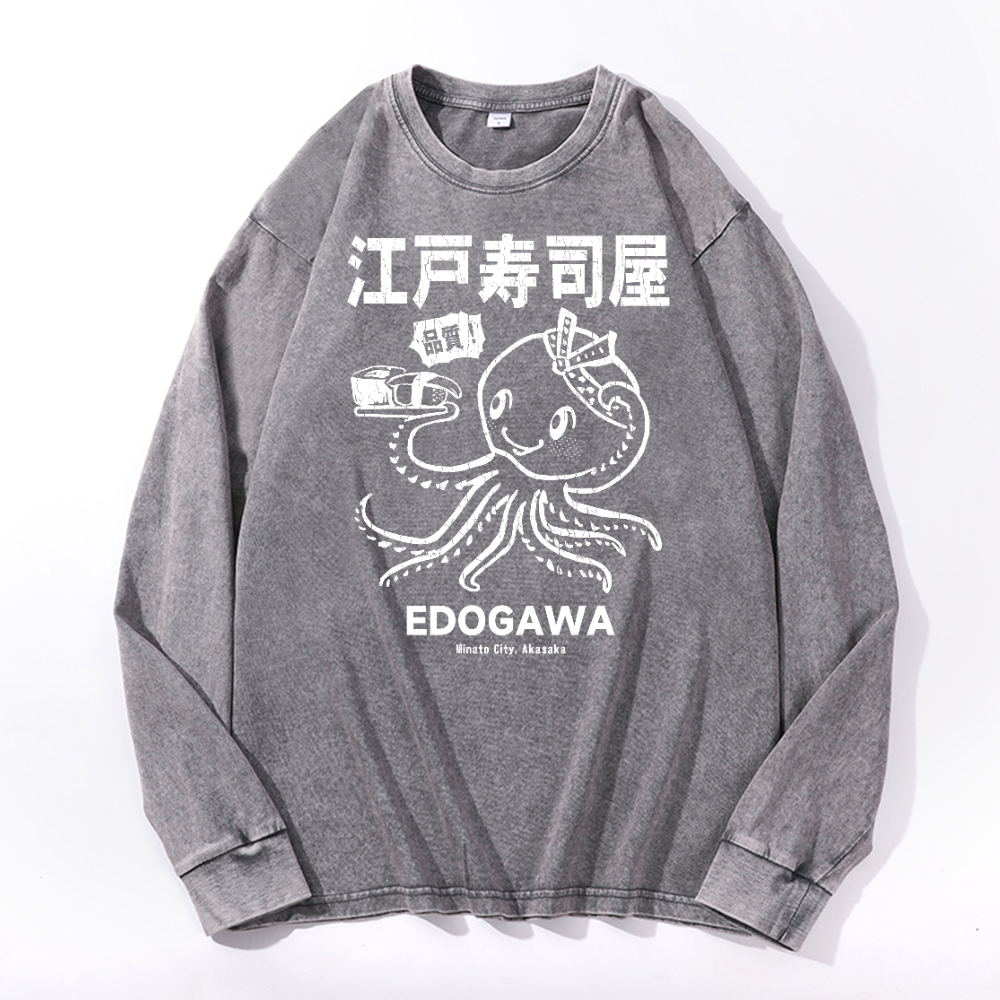 Edogawa Octopus Vintage Cotton Wash Crewneck Long-Sleeve T-Shirt