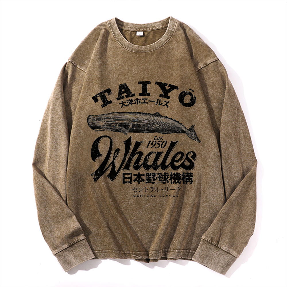 Taiyo Whales Vintage Cotton Wash Crewneck Long-Sleeve T-Shirt