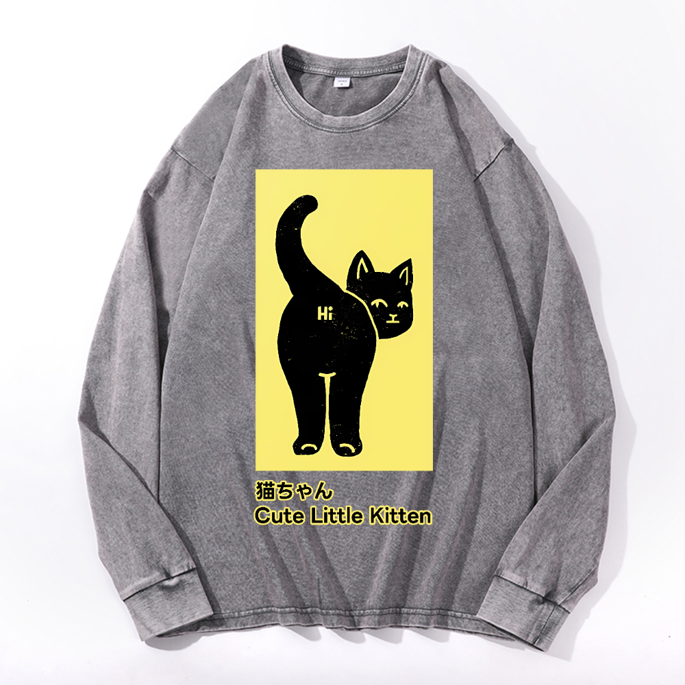 Cute Little Kitten Black Cat Vintage Cotton Wash Crewneck Long-Sleeve T-Shirt