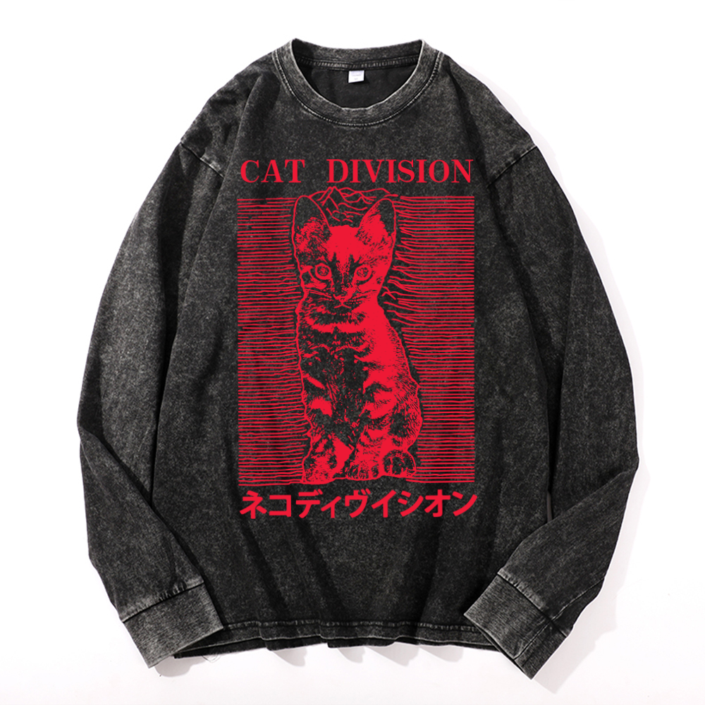 Cat Division Vintage Cotton Wash Crewneck Long-Sleeve T-Shirt